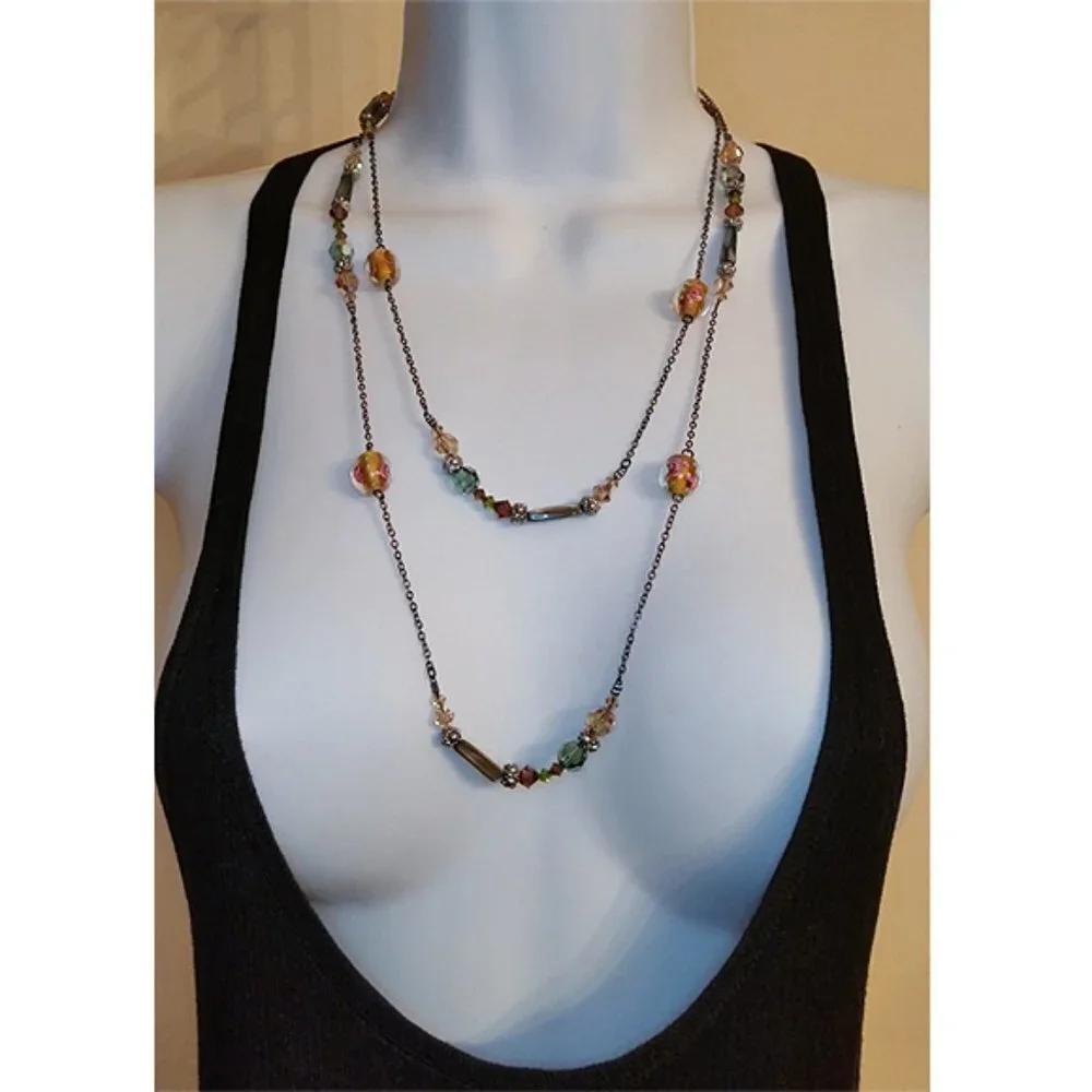 DOL Swarovski Crystals Abalone Glass Necklace New Extra Long Vintage Designer